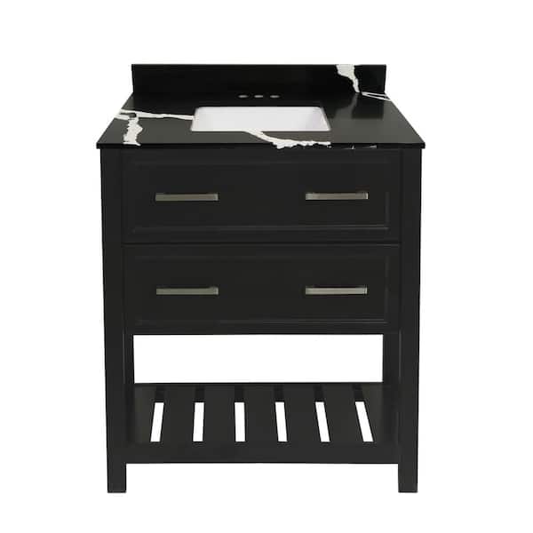Amluxx Milan 25 in. W x 19 in. D Bath Vanity in Espresso with Quartz Stone Vanity Top in Calacatta Black with White Basin