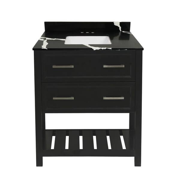 Amluxx Milan 31 in. W x 22 in. D Bath Vanity in Espresso with Quartz Stone Vanity Top in Calacatta Black with White Basin