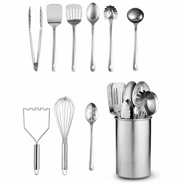 Modern Stainless Steel Finish 10-Piece Kitchen Utensils Set with Holder Nonstick Cooking Tools Mirror Polished