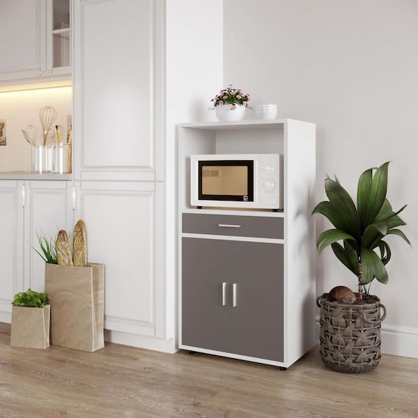 Lavish Home Microwave Stand with Drawer - Rolling Storage Cabinet with Doors and Locking Wheels - Freestanding Kitchen Storage, White and Gray