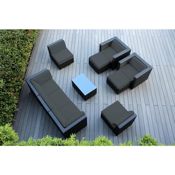 Ohana Depot Black 10-Piece Wicker Patio Seating Set with Sunbrella Coal Cushions