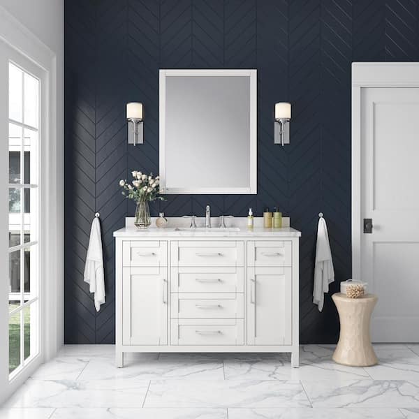 OVE Decors Tahoe 48 in. W x 21 in. D x 34 in. H Single Sink Bath Vanity in White with Carrara Marble Top with Mirror