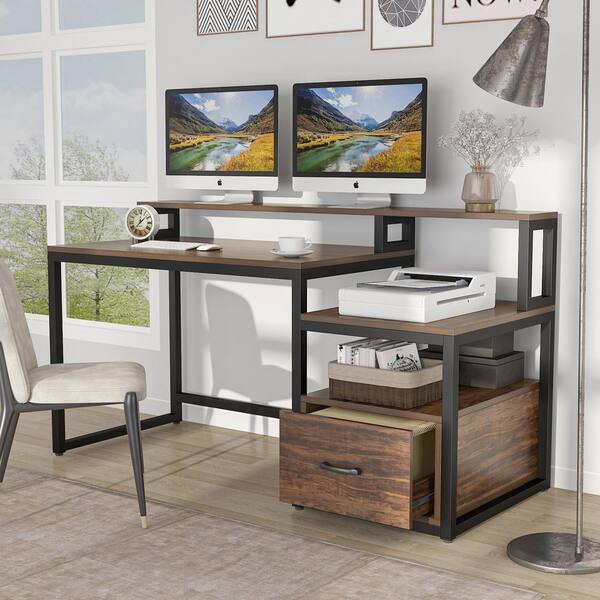 Tribesigns Cassey 59 In Brown Computer Desk Vintage Wood Large Home Office With File Drawer Storage Shelves And Hutch Tjhd Hoga C0157 Brown Computer Desk Vintage, Large Computer Armoire