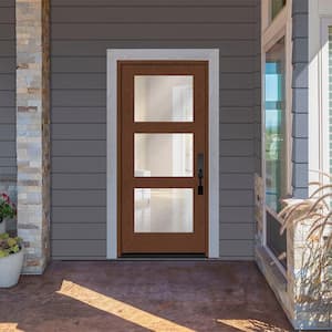 Regency 32 in. x 80 in. Universal Handing Modern 3-Lite Equal Clear Glass Chestnut Mahogany Fiberglass Front Door Slab