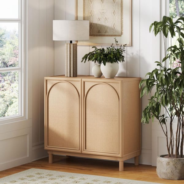 Katouche Raw Oak Arched Cabinet 31 in. Bohemian Accent Cabinet, Solid Wood Storage Cabinet with Rattan Door Panels