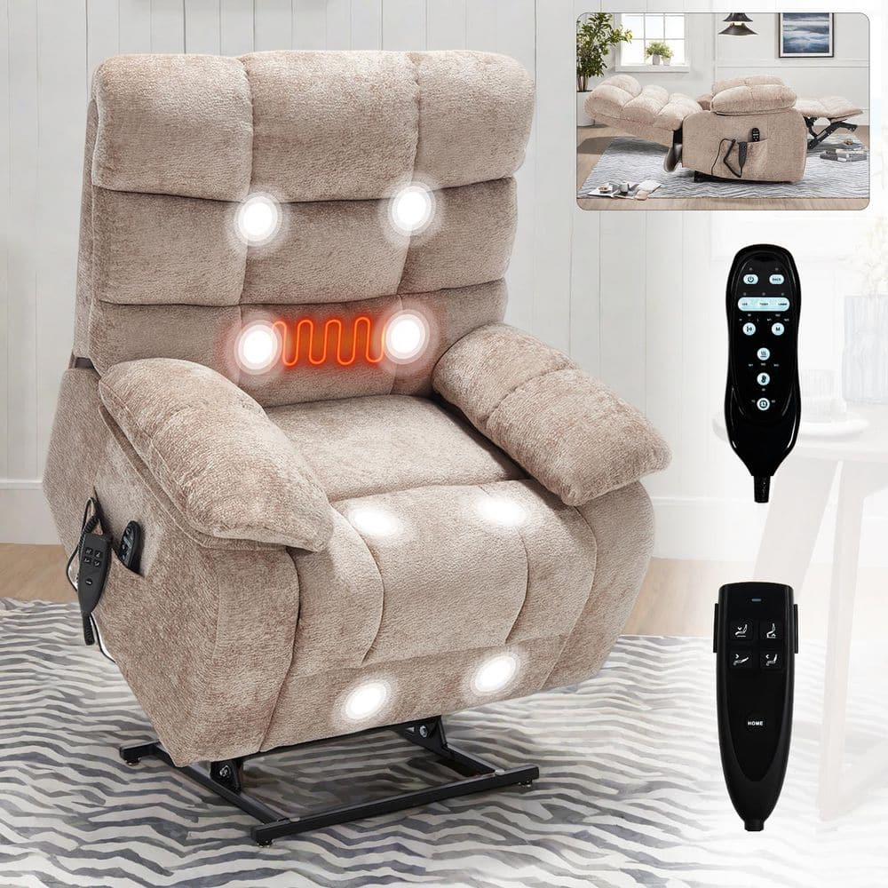 Beige Great Dual Motor Chenille Power Lift Recliner with Power-Remote, Heat