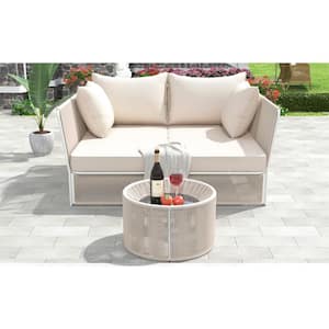 2-Piece Beige Metal Outdoor Sunbed, Patio Double Chaise Lounger Loveseat Daybed with Beige Cushion, Tempered Glass Table