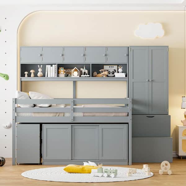 Gray Full Size Wood Loft Bed with Under-bed Desk, Drawers, Shelves