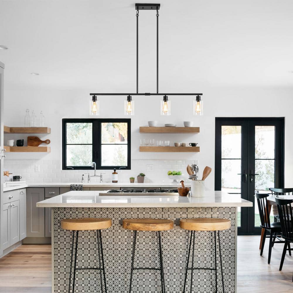 Black Metal and Clear Glass 4-Light Linear Pendant