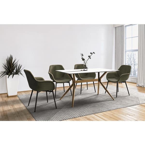 Leisuremod Elega Modern 71 in. Rectangular Dining Table with Sintered Stone Top Gold Stainless Steel 4-Legs in White/Gold, Seats 8