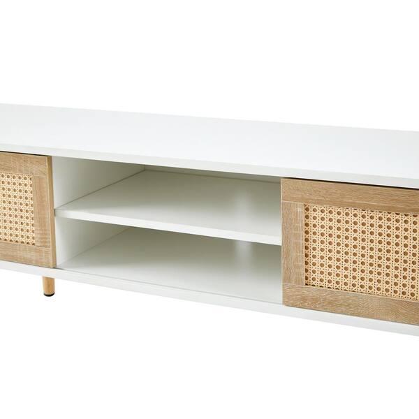 Tileon 55.12 in. Rattan TV cabinet double sliding doors for storage adjustable shelf solid wood legs WYHDRA213