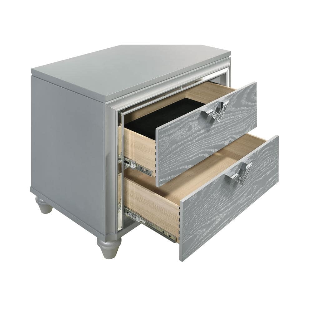 Glam Silver 2-Drawer Nightstand with Jeweled Pulls