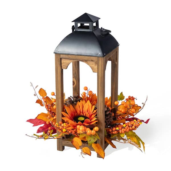 15 in. Fall Unlit Sunflower, Pinecone and Berry Wood Lantern Artificial Christmas Wreath Centerpiece