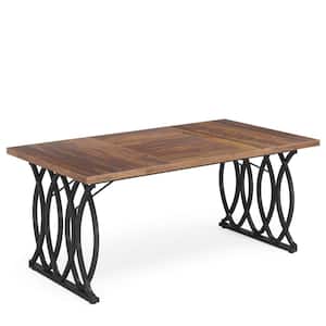 Adan Rustic Brown Wooden 63 in. Trestle Rectangle Dining Table Seats 6 with Black Geometric Legs