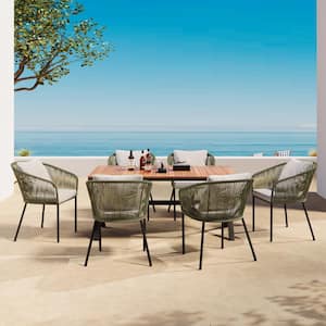 All-Weather 7-Piece Metal Outdoor Dining Set with Cushions and Pillows, Acacia Wood Tabletop Garden, Backyard, Green