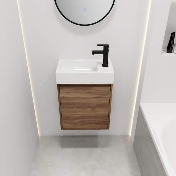 Staykiwi 18 in. W x 10 in. D x 24 in. H Single Sink Floating Bath Vanity in Brown with White Ceramic Basin