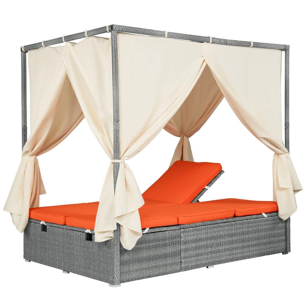 Wicker Outdoor Day Bed with Canopy, Multi-Position Recline & Orange Cushion price history on PriceWatchPro