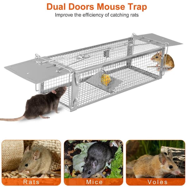 Cisvio Dual Door Rat Trap Cage Humane Live Rodent Dense Mesh Zinc Electroplating Mice Control with 2 Detachable U Shaped Rod