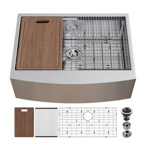 18-Gauge Stainless Steel 30 in. Single Bowl Farmhouse Apron -Front Workstation Kitchen Sink with Cutting Board, Dry Rack