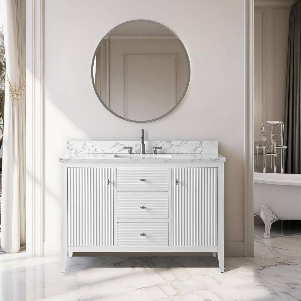 48'' White Solid Wood Freestanding Bathroom Vanity with Marble Top