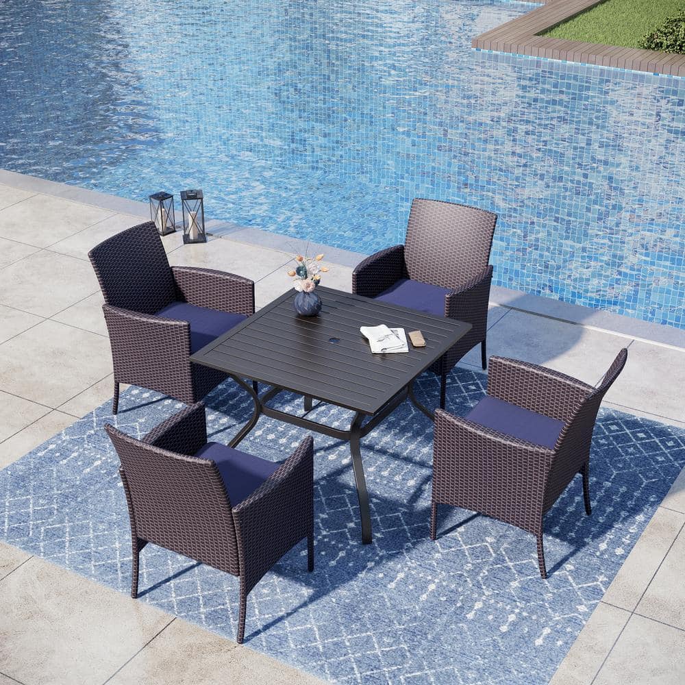 Black 5-Piece Metal Patio Outdoor Dining Set with Slat Metal Square Table and Rattan Chairs with Blue Cushion -  PHI VILLA, HD-S5-132