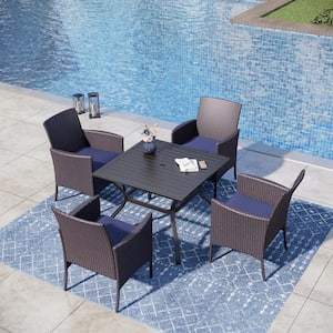 Black 5-Piece Metal Patio Outdoor Dining Set with Slat Metal Square Table and Rattan Chairs with Blue Cushion