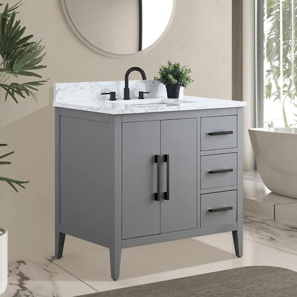 36 in. W x 22 in. D x 34 in. H Single Sink Bathroom Vanity Cabinet in Cashmere Gray with Engineered Marble Top