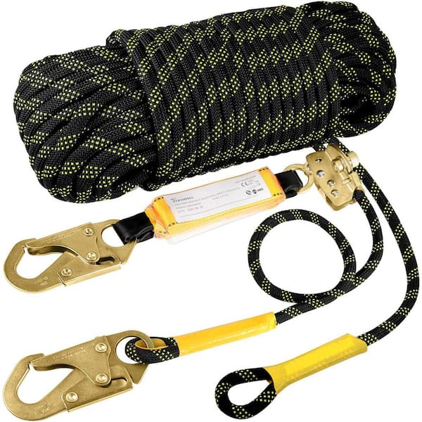 Unbranded Rope Harness Safety Lanyard 50 ft. Vertical Roofing Rope with Grab Snap Hooks Shock Absorber