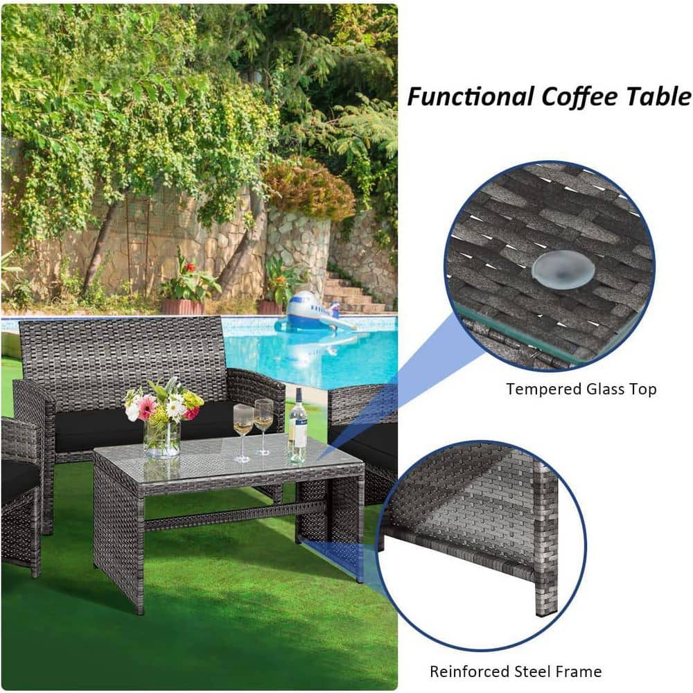 Black 4-Piece Rattan Patio Furniture Set with Glass Table