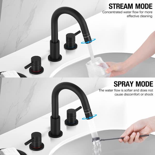 Double Handles 8 in. Widespread Bathroom Sink Faucet 3-Hole with Pull Out Sprayer in Matte Black