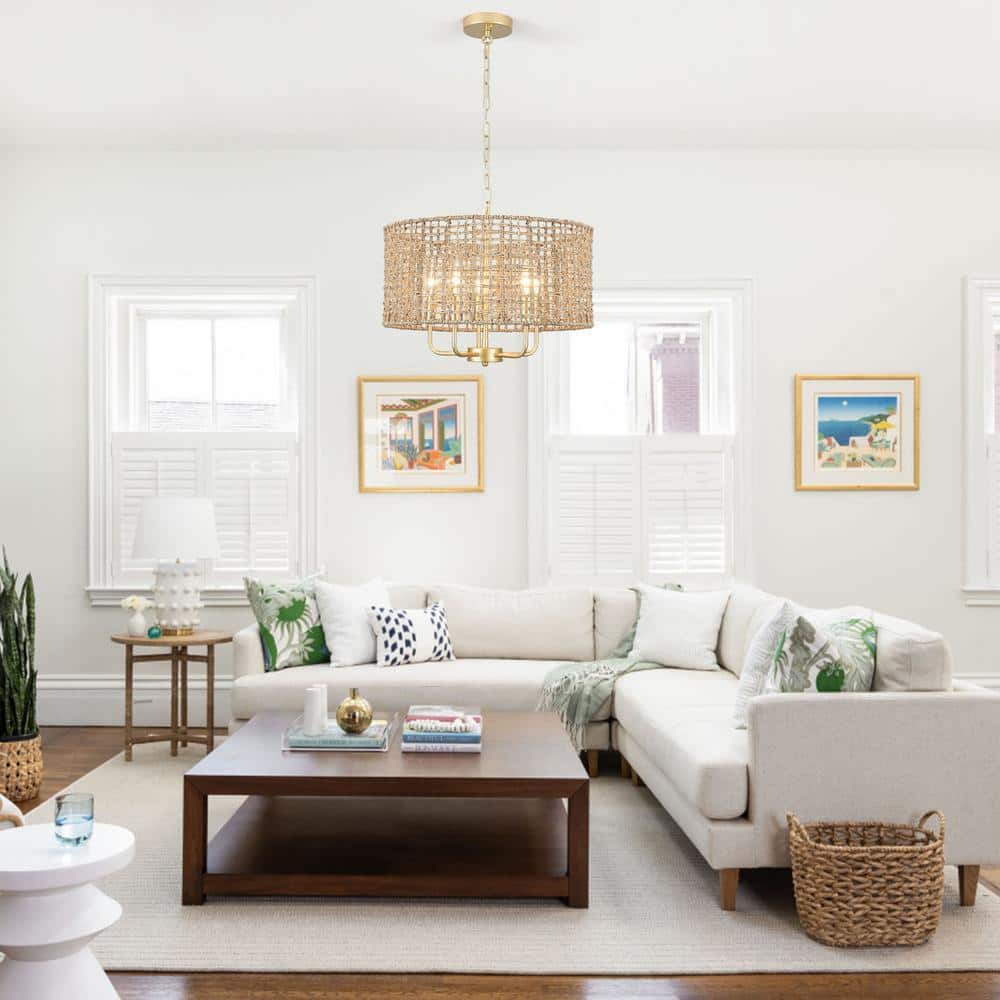 Gold and Rattan Drum Chandelier with Woven Shade