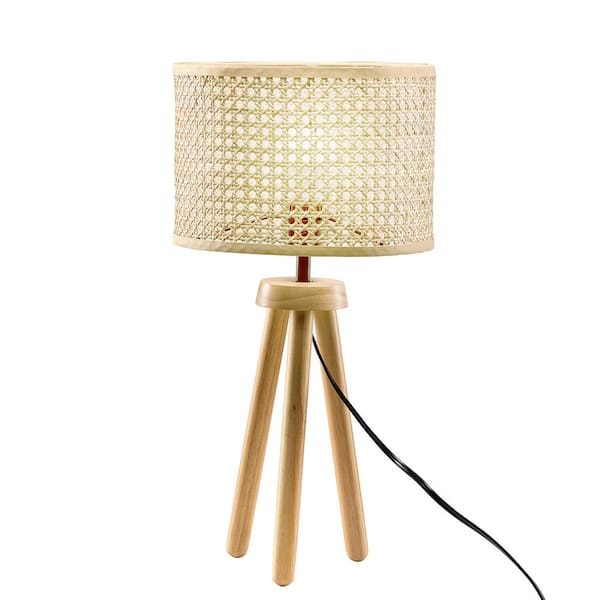 Unbranded 21 .7 in. H Natural Solid Wood Rripod Table Lamp with Rattan Woven Lampshade and In-Line Switch Control