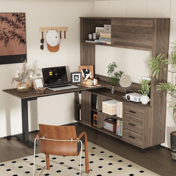 FUFU&GAGA 63 in. W L-Shaped Brown Computer Gaming Desk Ergonomic Adjustable Height Desk With Bookcase, Button Controller, Home