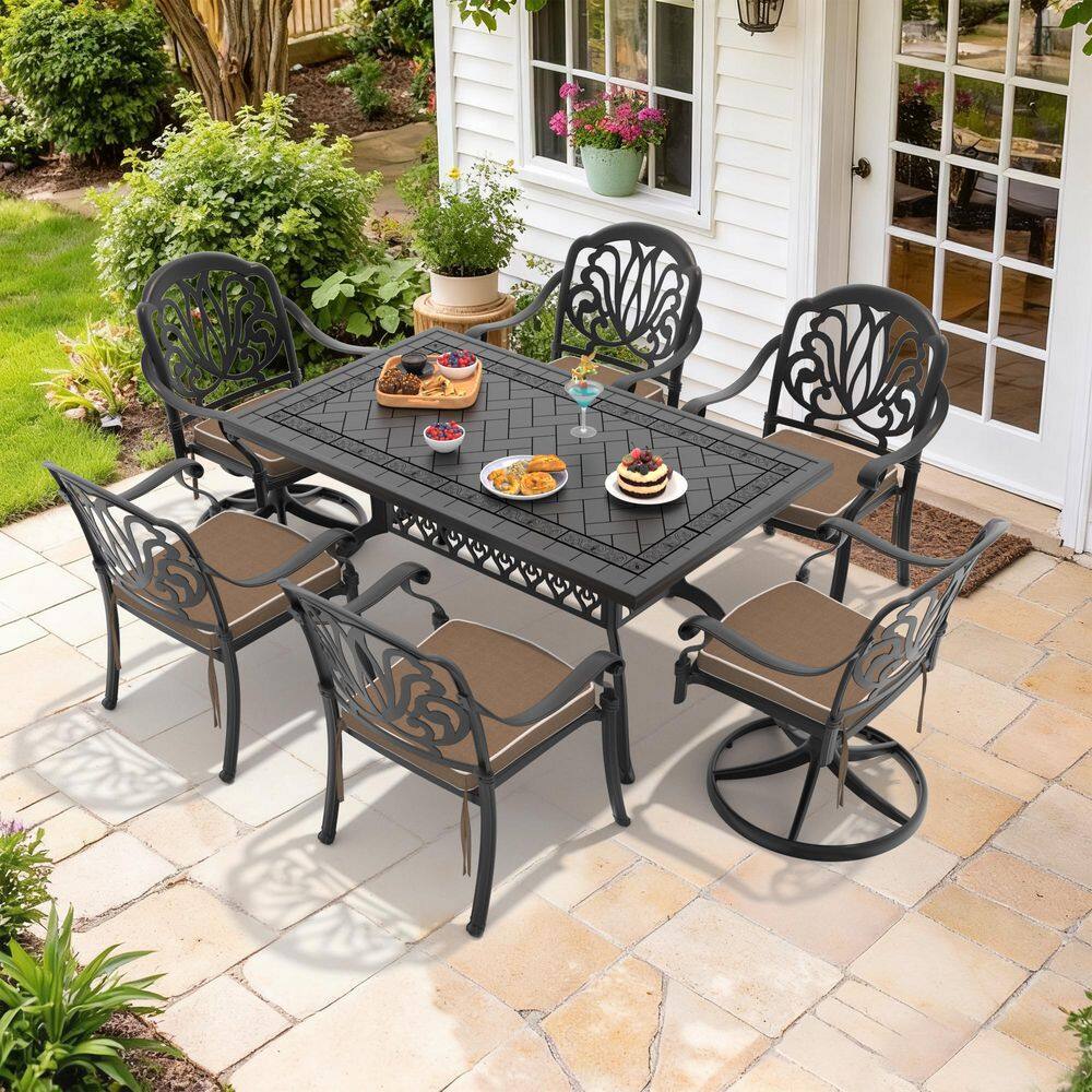 Black 7-Piece Cast Aluminum Outdoor Dining Set with Brown Cushions with Dining Chairs, Swivel Rockers and Dining Table price history on PriceWatchPro
