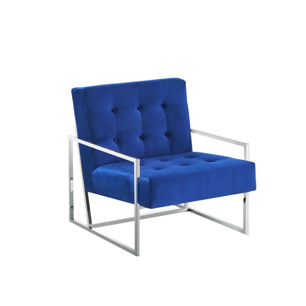 Elegant Blue Velvet Accent Armchair with Silver Metal Frame