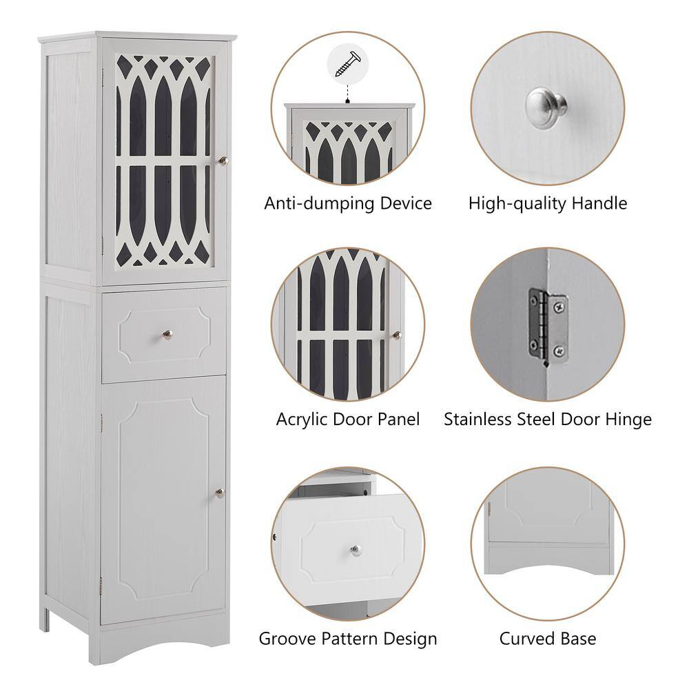 Tall White MDF Freestanding Cabinet with Adjustable Shelving and Drawer