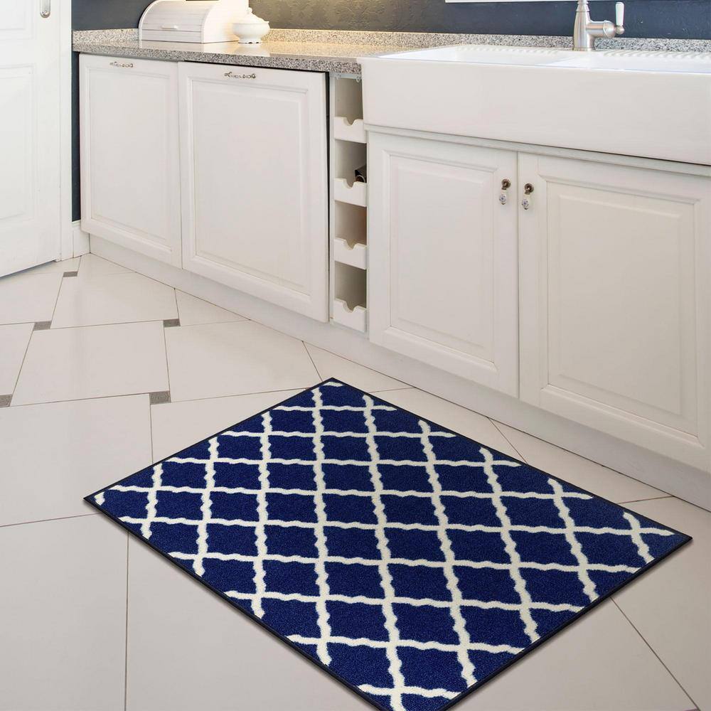 Navy and Ivory Synthetic Trellis Non-Slip Area Rug, 2'3" x 3'