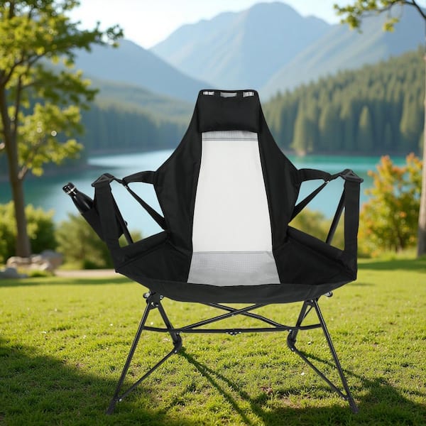 Black Metal Folding Camping Chair, Portable Collapsible Chair with