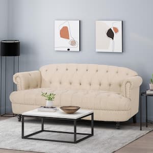 Chouteau 74 in. Beige Solid Fabric 3-Seat Lawson Sofa with Nailhead