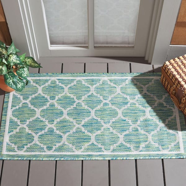 Courtyard Green/Ivory 2 ft. x 4 ft. Border Quatrefoil Indoor/Outdoor Area Rug