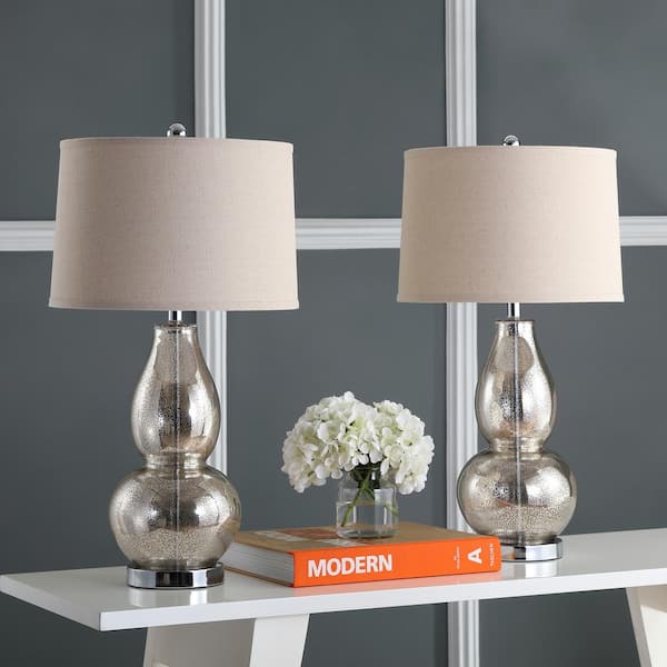 Mercurio 28.5 in. Antique Silver Crakle Double Gourd Table Lamp with Wheat Shade (Set of 2)