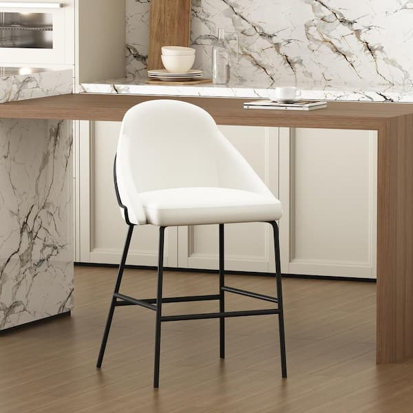 Gracie 26 in. Modern White and Black Metal Frame Counter Height Bar Stool with Faux Leather Upholstered Seat