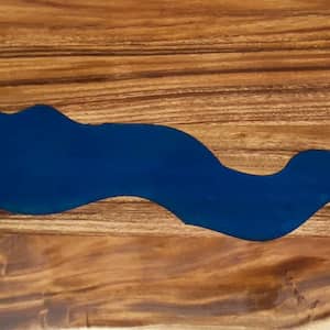 4 ft. L x 25 in. D UV Finished Saman Solid Wood Butcher Block Countertop With Live Edge and Blue Epoxy River