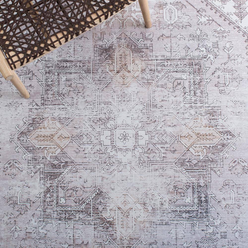 Beige and Grey Machine Washable Synthetic Runner Rug