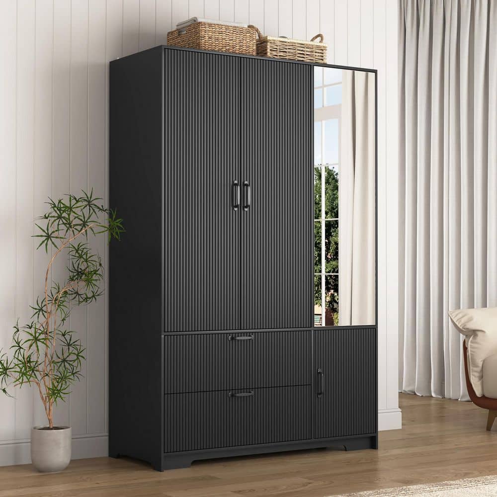 black armoire dresser Tall Metal Wardrobe Cabinet with 2 Drawers and Hanging Rod, along with four spacious drawers and four open shelves for folded clothes Vineyard Black Armoire CLH4011-2500 at