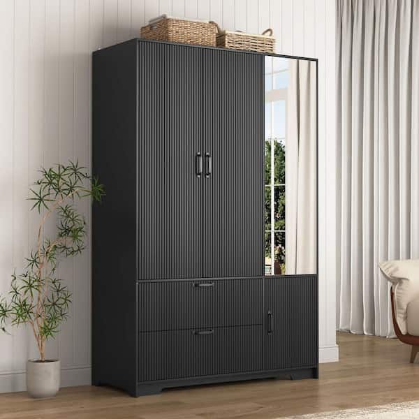 Roman Modern Black 47.2 in. W 4-Door Bedroom Armoire Wardrobe with Mirror, Hanging Rod, 3 Drawers