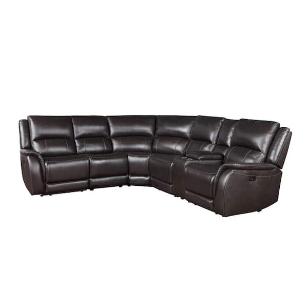 Alexandria 6-Piece Leather Chocolate Power Sectional Sofa 168 in.