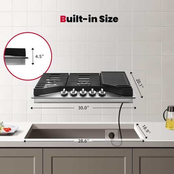 30 in. Built-In Gas Cooktop in Stainless Steel with 5 Burners