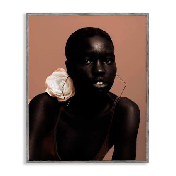 Beautiful Woman and Rose by Oladimeji Odunsi Gray Framed People Giclee Art Print 14 in. x 11 in.