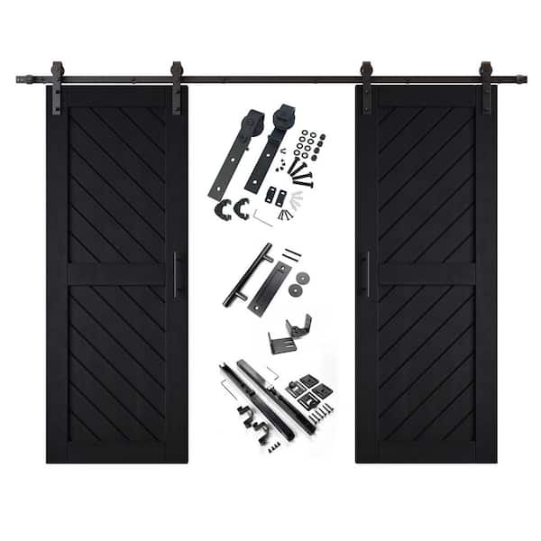 XT2 26 in. x 80 in. C-Panel Black Slanted Stripe Design Double Pine Wood Sliding Barn Door with Hardware Kit
